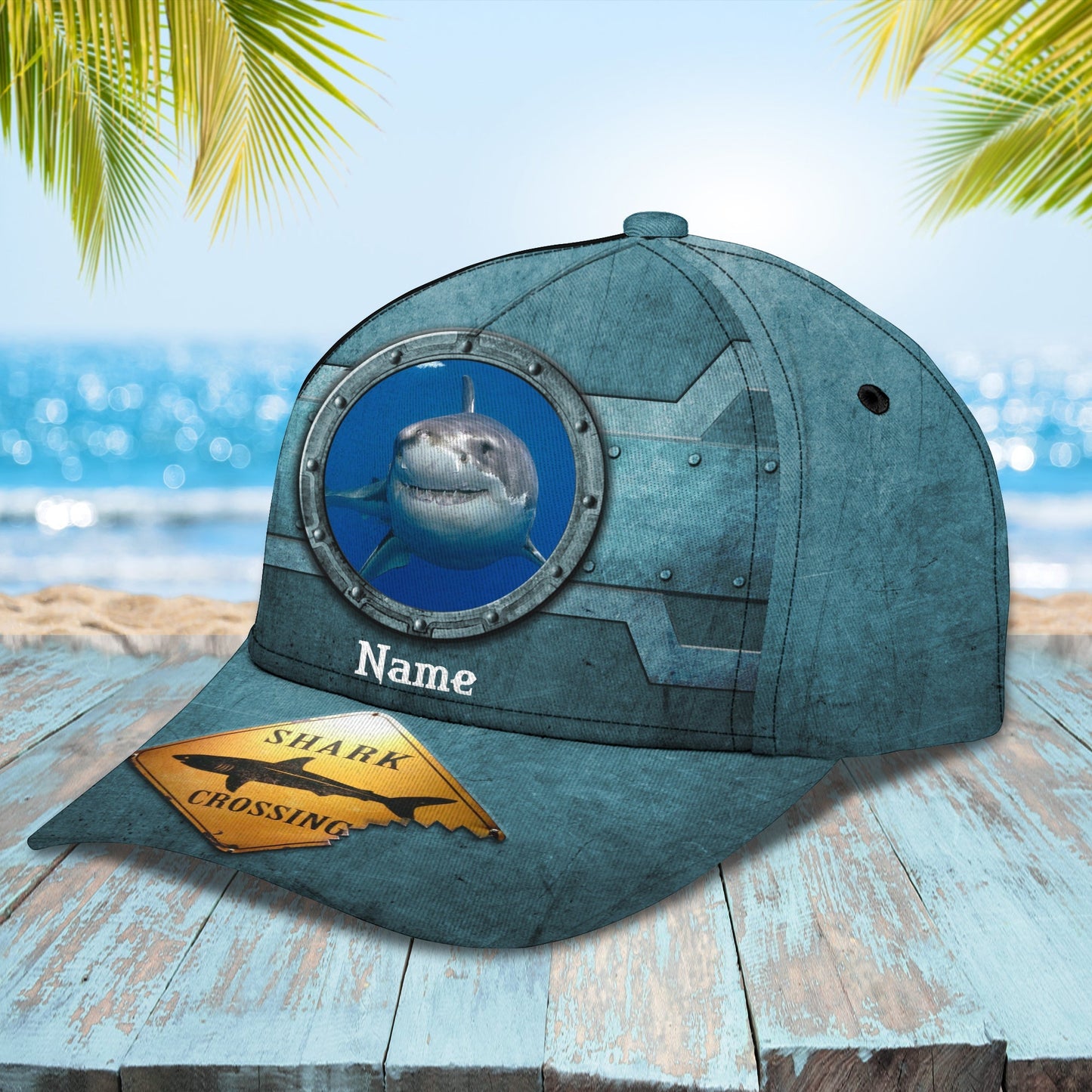 3D Classic Cap Shark Crossing Personalized Name Cap Lasfour CA0975