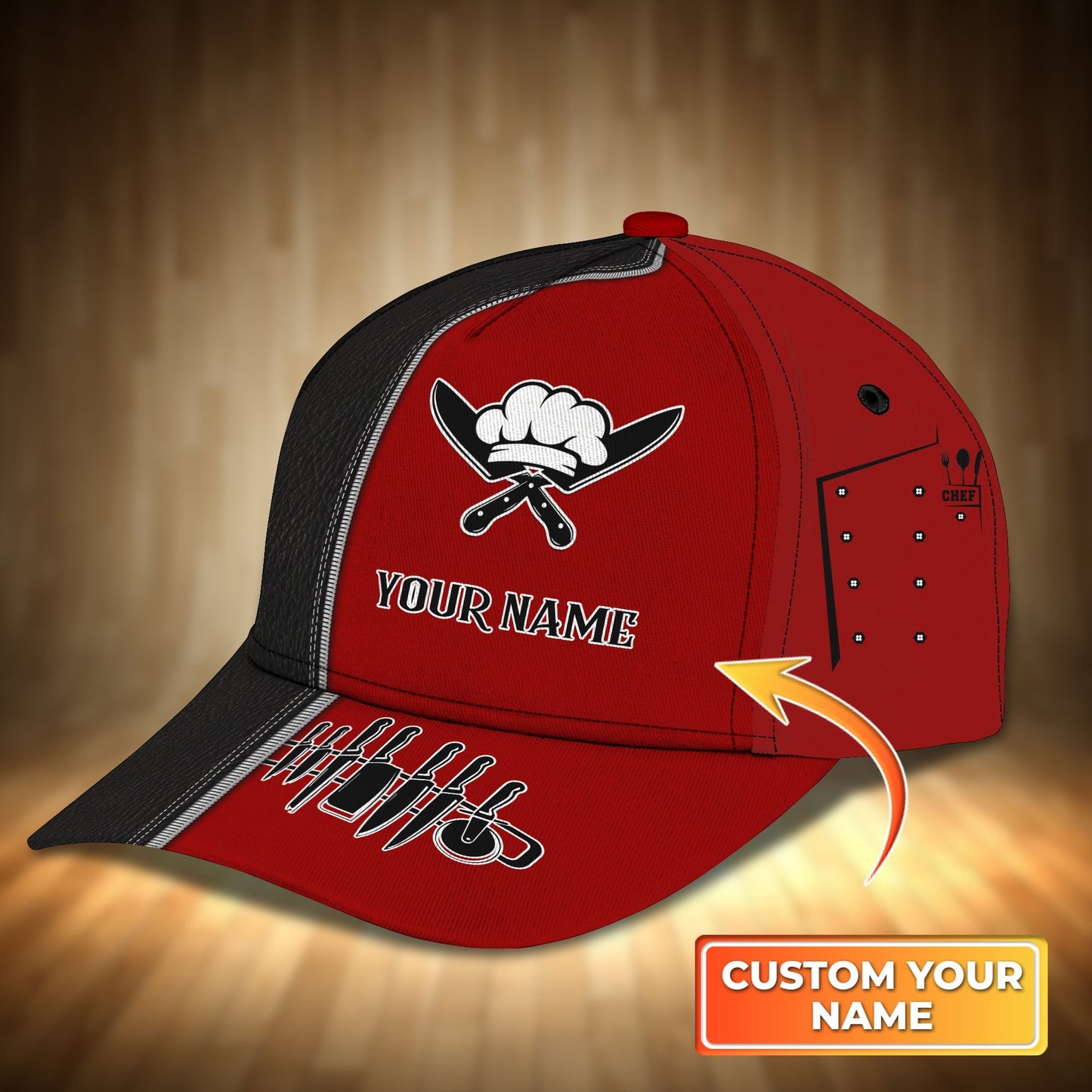 3D Classic Cap Chef Cook Personalized Name Cap 20 Black & Red Lasfour CA2343