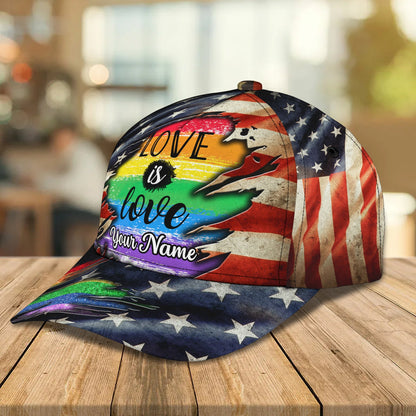 Pride LGBT Personalized Name Cap, Love Is Love With American Flag 3D Cap CA0302