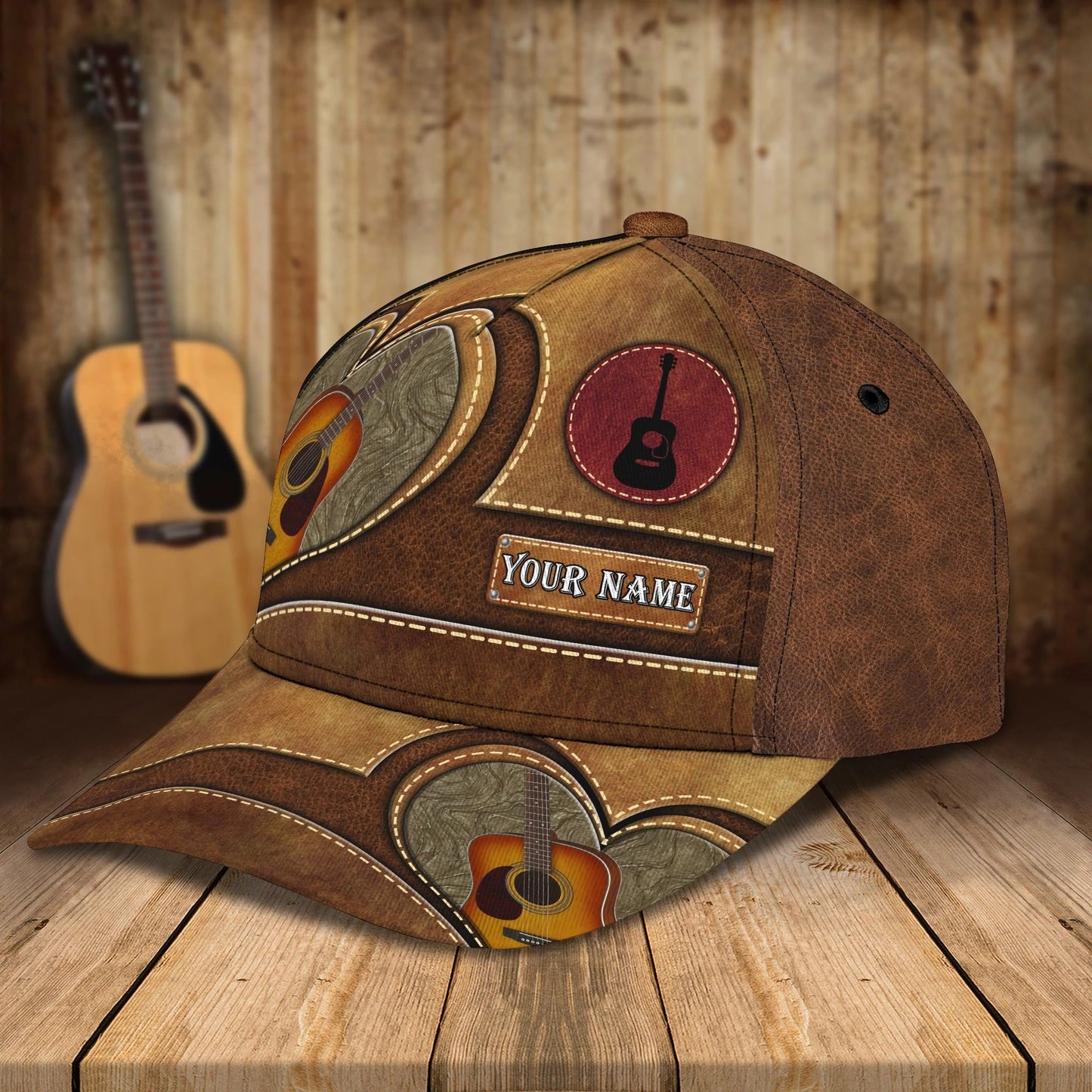 Baseball Guitar Cap Hat For Travel Summer, Guitar Cap Leather Brown Pattern, Best Gift To Guitarist CO0430