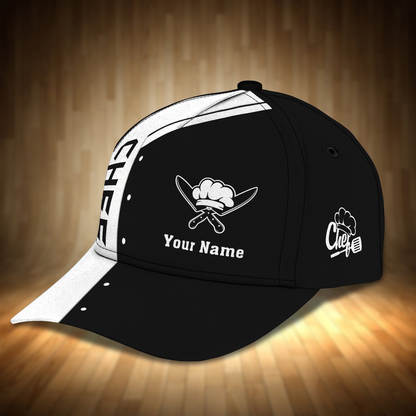 3D Classic Cap Chef Cook Personalized Name Cap 19 Black & White Lasfour CA2146