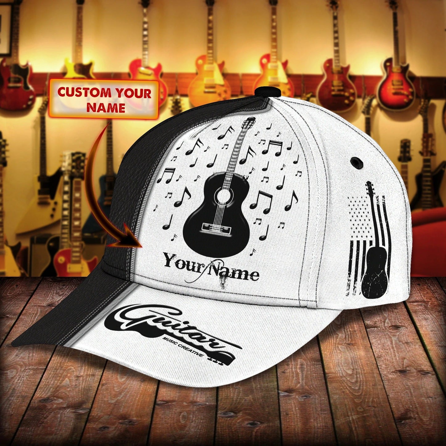 Customized Name Guitar Classic Cap Hat Full Printed For Man And Woman, Guitar Music Creative Baseball 3D Cap CO0429