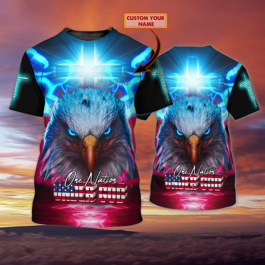 Personalized With Name Eagle American 3D Tshirt, One Nation Under God 4Th Of July Sublimation Shirts TO0630