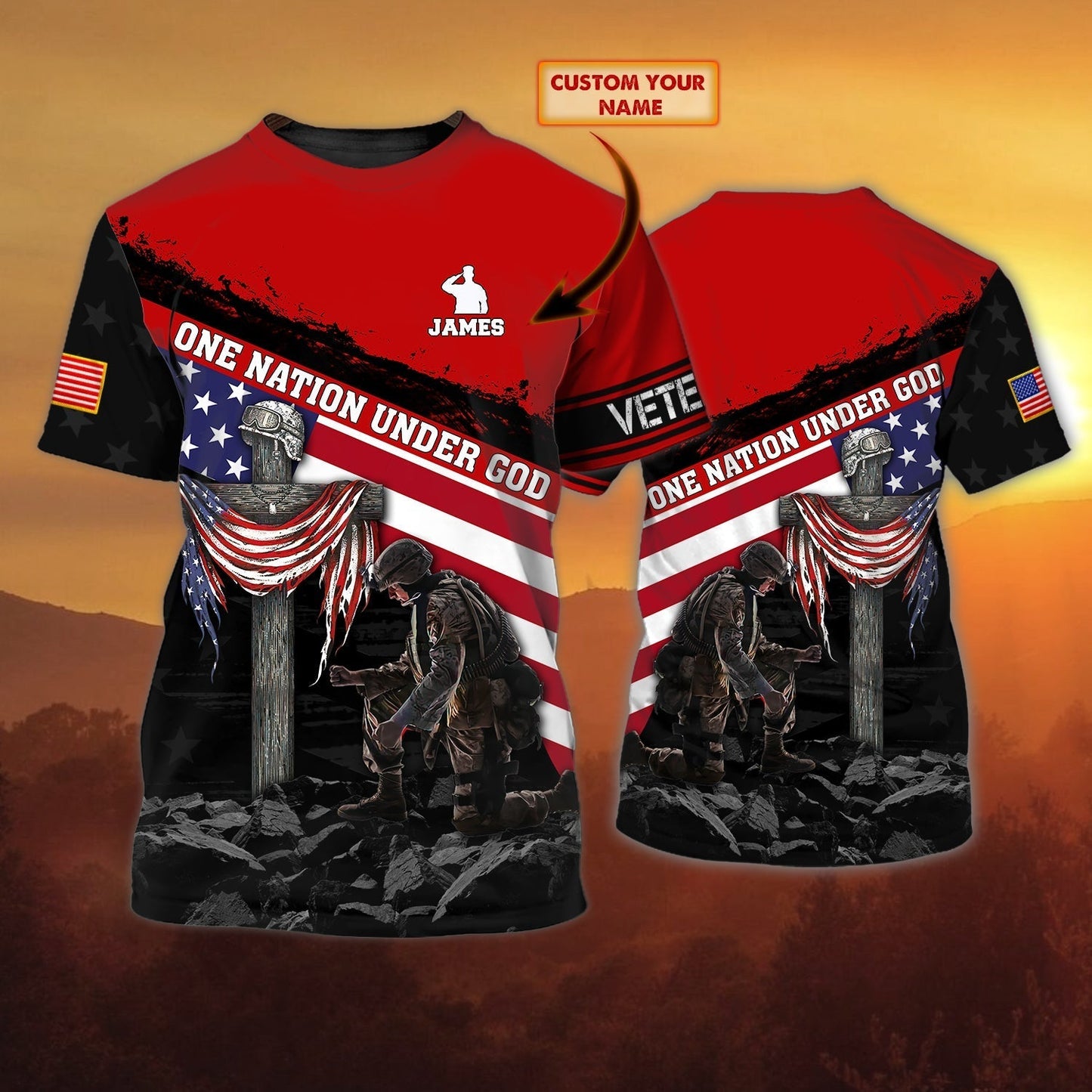 Personalized With Name One Nation Under God 3D Tee Shirt, Veteran Patriotice American Full Print Shirts TO0628