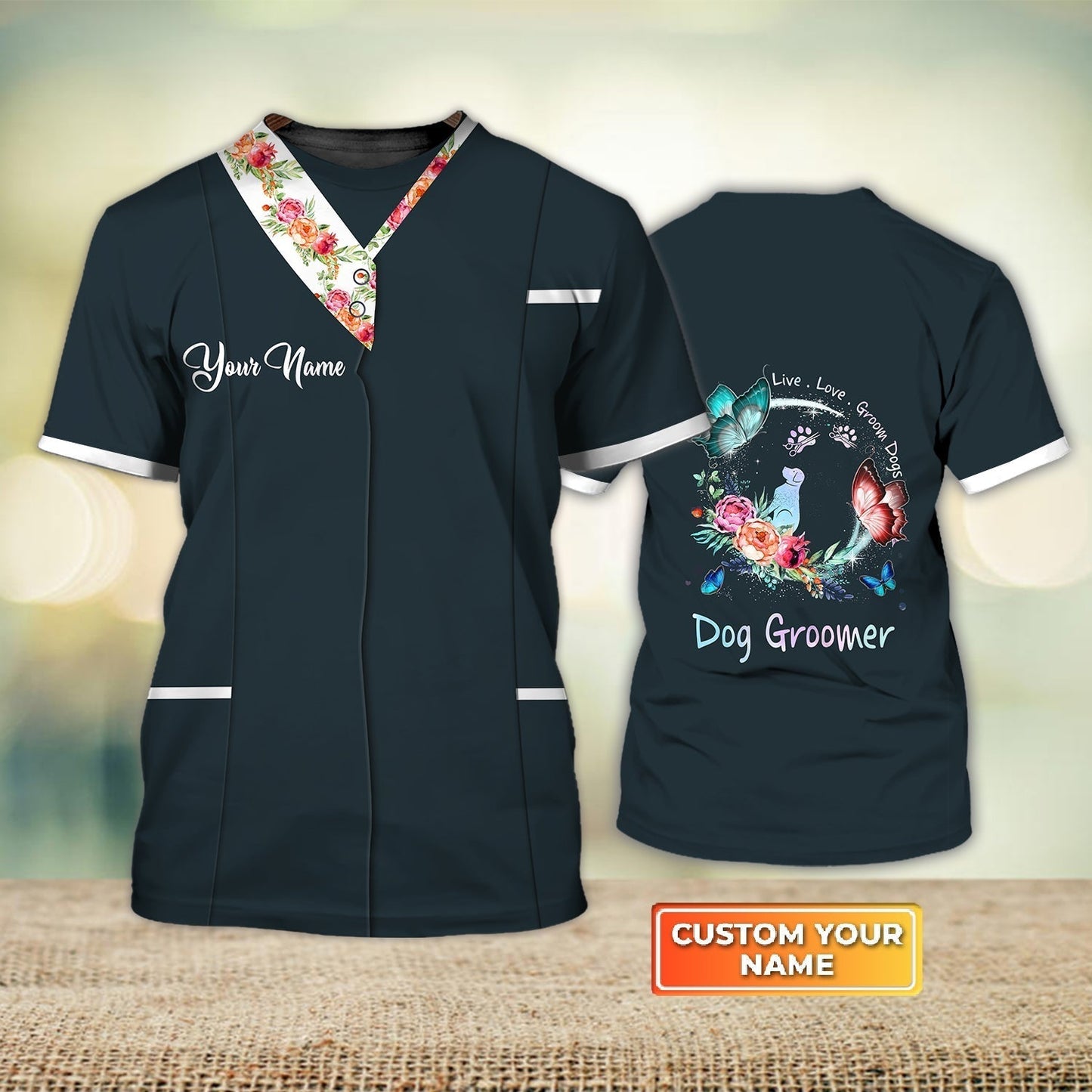 Custom Name 3D Flower Dog Groomer T Shirt Pet Groomer Uniform Black Salon Pet TO1897