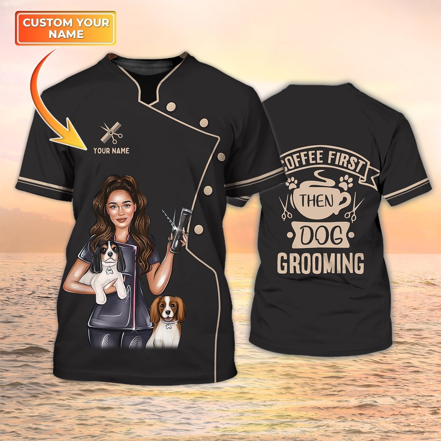 Dog Groomer Shirt Personalized Name 3D Groomer Tshirt Black Grooming Salon Uniform TO1289