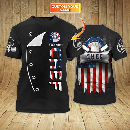 Personalized American Chef T Shirt, 3D All Over Printed Chef Shirt Usa Flag Pattern, Chef Shirt TO0872