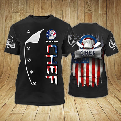 Personalized American Chef T Shirt, 3D All Over Printed Chef Shirt Usa Flag Pattern, Chef Shirt TO0872