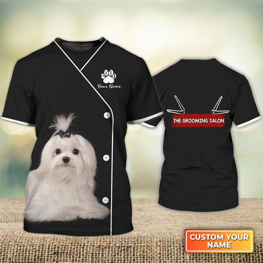 Customized 3D All Over Printed Maltese Dog Groomer Tee Shirt Pet Groomer Uniform Pink Salon Pet TO1770