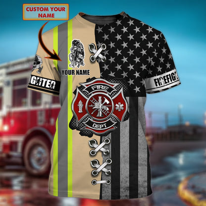 Custom With Name Firefighter Full Printed Shirt Usa Flag Background, Be Proud Fire Man 3D Tee Shirt TO0634