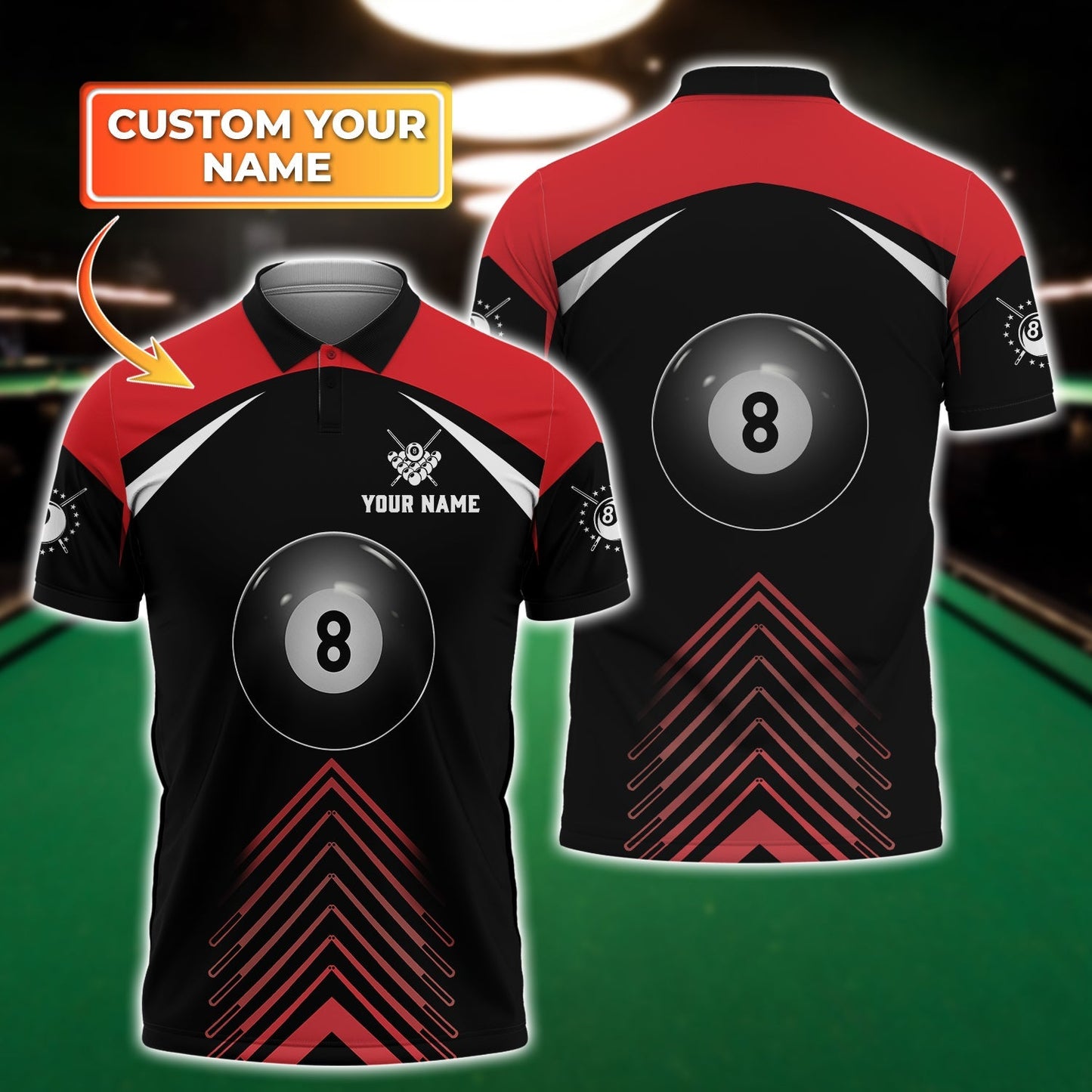 Lasfour 8 Ball Billiard on Fire Personalized Name 3D Shirts Print T-Shirt for Mens, Gift Billiard Players Polo Shirt SO1391