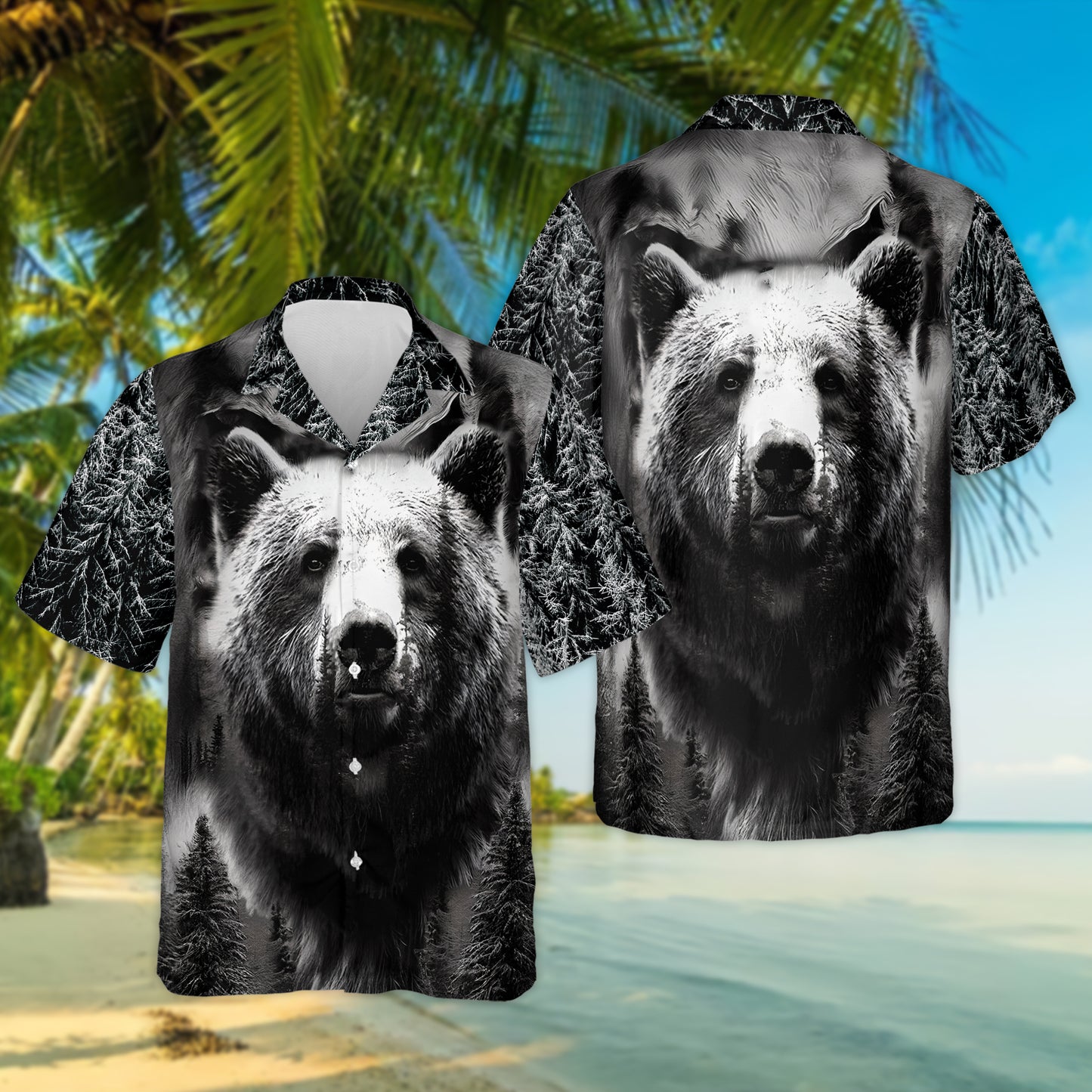 Wild Bear Black And White Portrait Design Themed Hawaiian Shirt, Short Sleeve Hawaiian Aloha Shirt for men HO1842