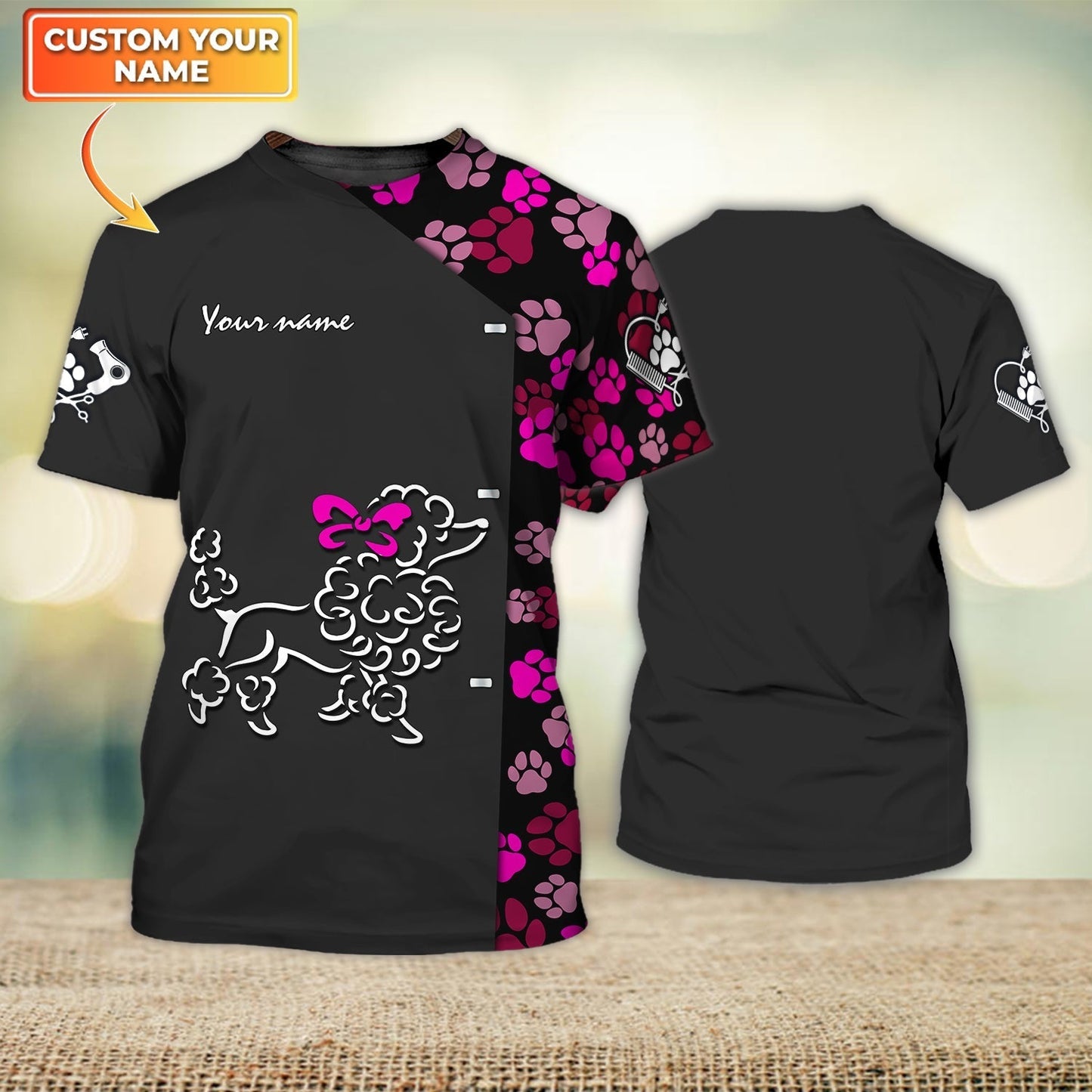 Lasfour Custom Groomer Shirt Pink Bow Poodle Dog Groomer Pet Groomer Uniform Salon Pet TO1228