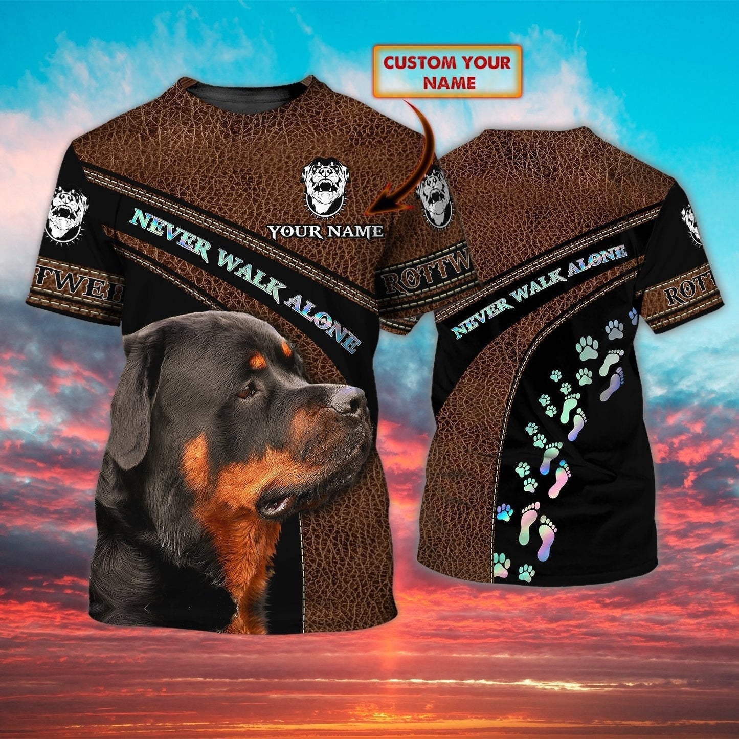 Custom 3D T Shirt With Rottweiler Never Walk Alone Leather Pattern TO1100