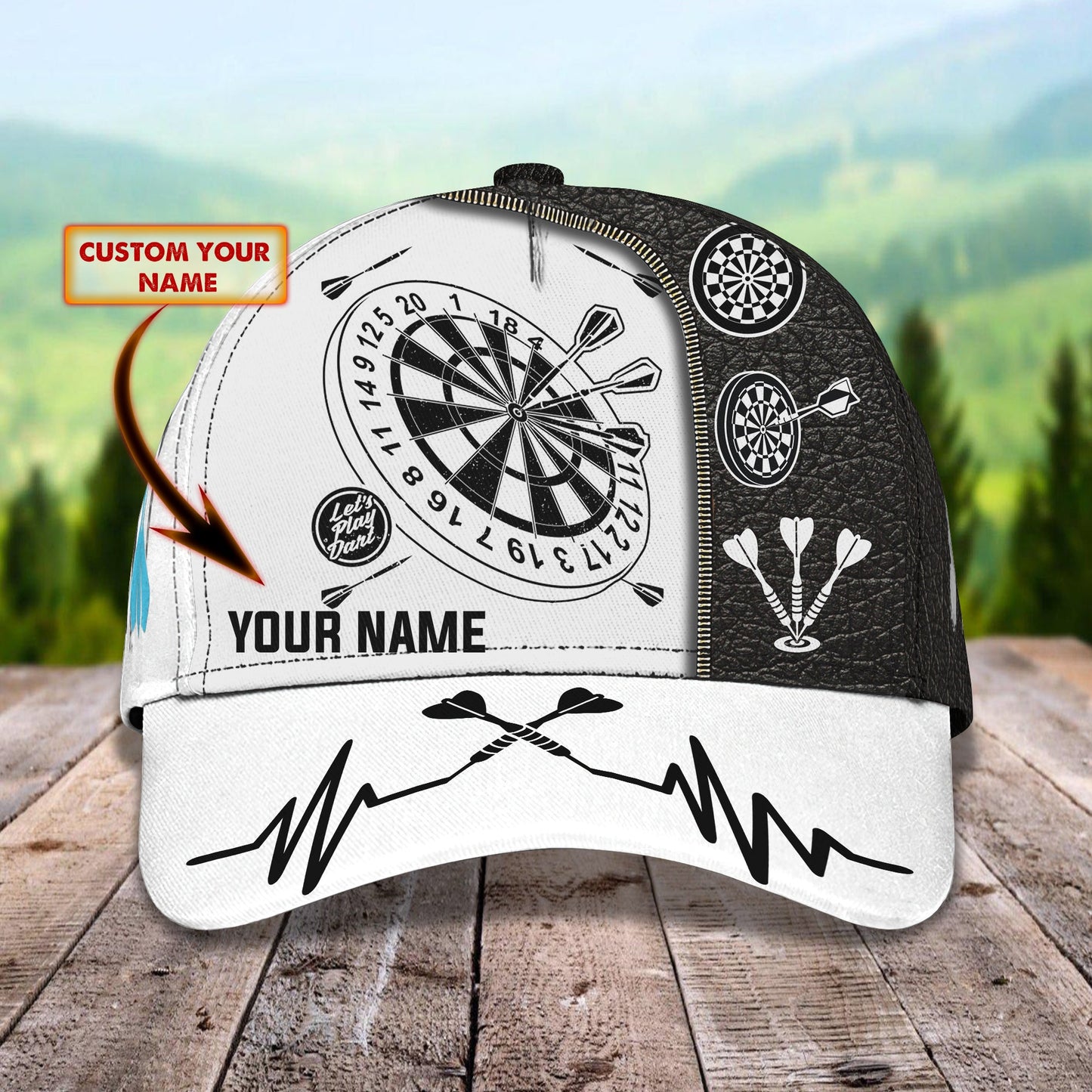 Customized Darts 3D Baseball Cap for Men and Women, Black White Dartboard, Dart and Beer Cap CO0085