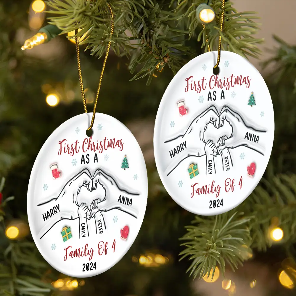 First Christmas As A Family As Three – 3D Inflated Effect Printed Ornament, Personalized Circle Ceramic Ornament, Custom Our First Christmas As A Parent Ornament ON0067