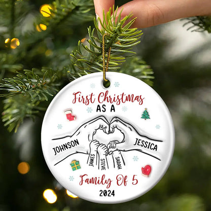 First Christmas As A Family As Three – 3D Inflated Effect Printed Ornament, Personalized Circle Ceramic Ornament, Custom Our First Christmas As A Parent Ornament ON0067