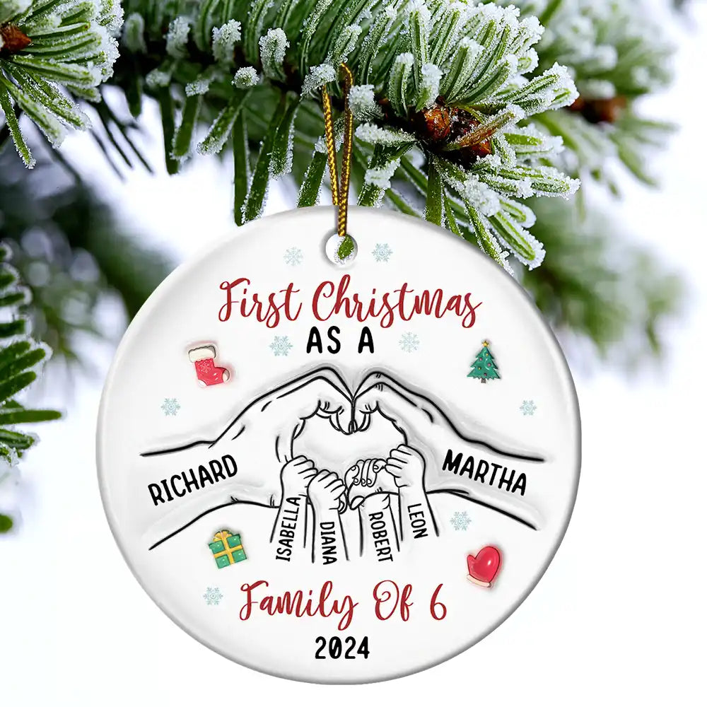 First Christmas As A Family As Three – 3D Inflated Effect Printed Ornament, Personalized Circle Ceramic Ornament, Custom Our First Christmas As A Parent Ornament ON0067