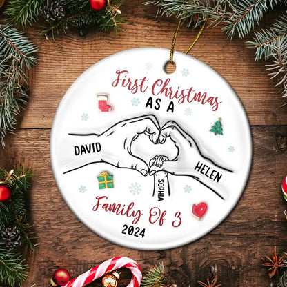 First Christmas As A Family As Three – 3D Inflated Effect Printed Ornament, Personalized Circle Ceramic Ornament, Custom Our First Christmas As A Parent Ornament ON0067