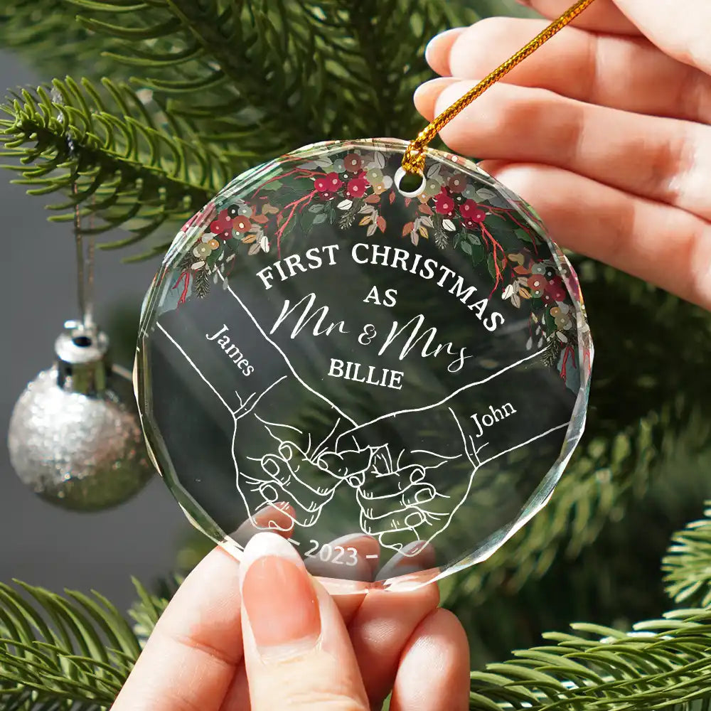 Holding Hands First Christmas Couple - Personalized Circle Glass Ornament, Custom First Christmas As Mr Mrs Married Ornament 2024 ON0325