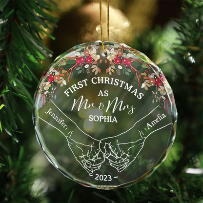 Holding Hands First Christmas Couple - Personalized Circle Glass Ornament, Custom First Christmas As Mr Mrs Married Ornament 2024 ON0325