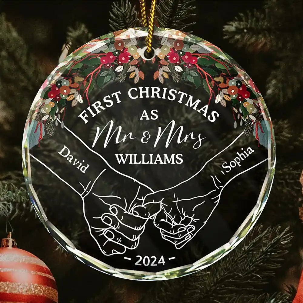 Holding Hands First Christmas Couple - Personalized Circle Glass Ornament, Custom First Christmas As Mr Mrs Married Ornament 2024 ON0325