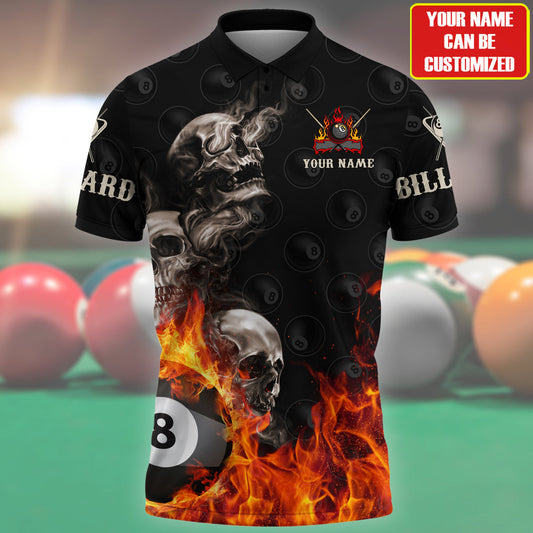 Skull On Fire Billiard Polo Shirt, Personalized Name Billiard Skull 3D Shirt, Skull Polo Shirt SO1049