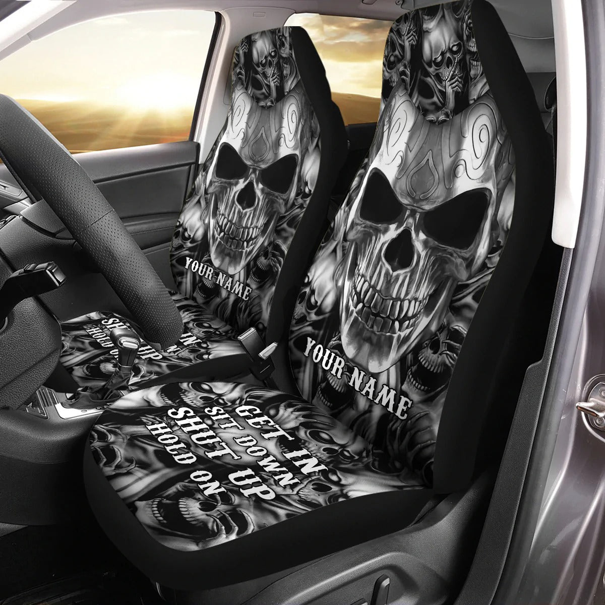 Personalized Name Skull Art Gothic Hold on Car Seat Covers Universal Fit SO0081