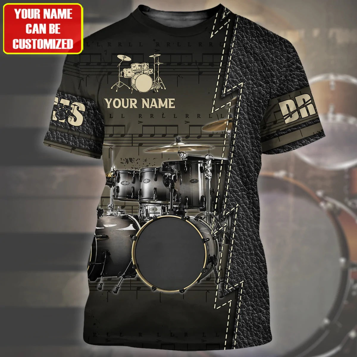 Custom Black Drum Design On Shirt Leather Pattern, Drummer Shirts, Music Gift TO2516