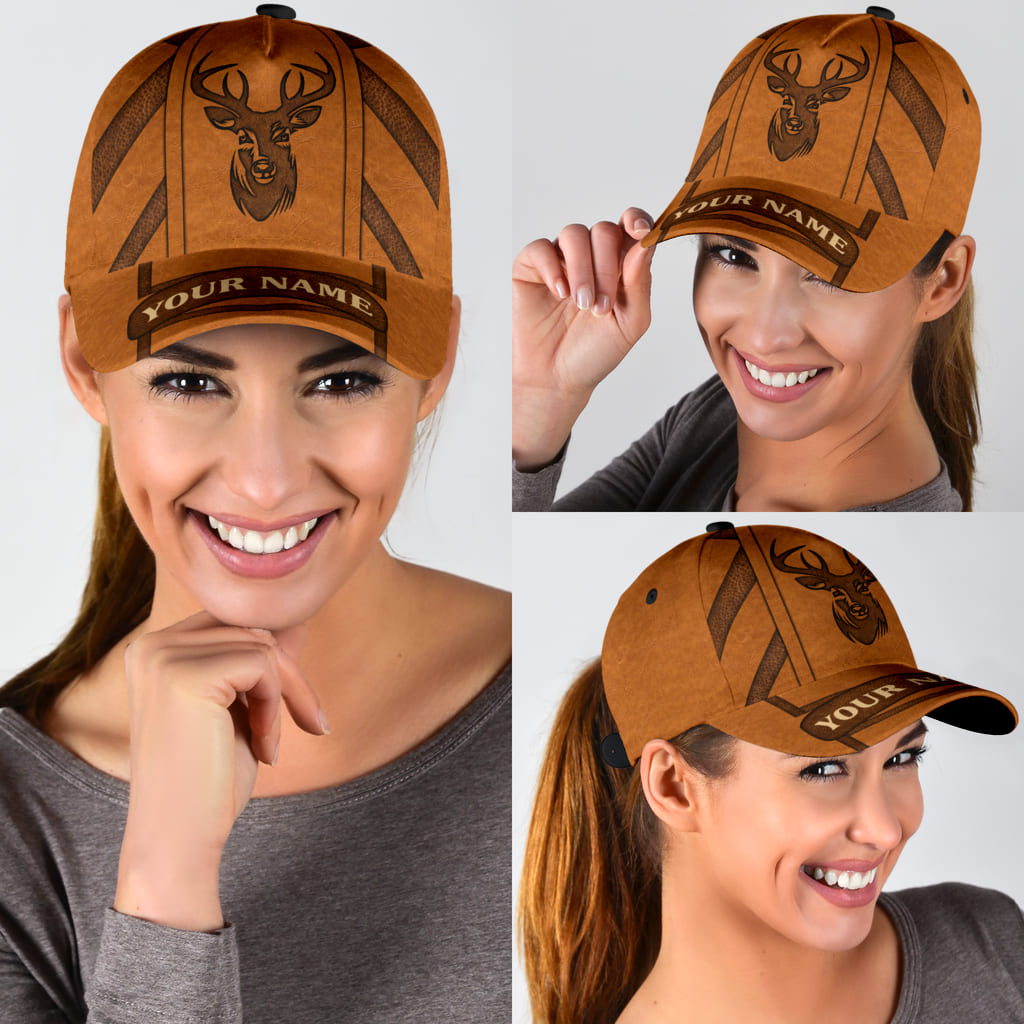 Custom Deer Hunting Classic Cap Hat Brown Leather Pattern Cap Hat CO0641