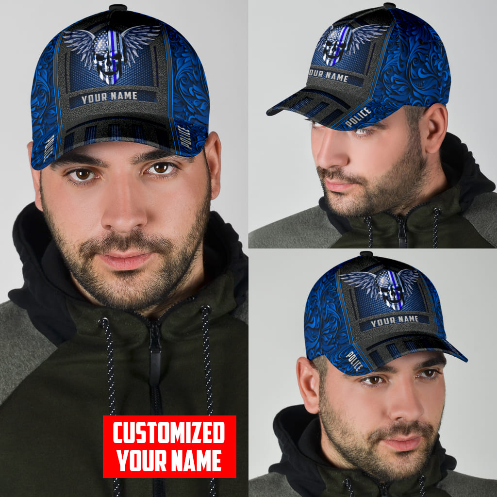 Customized Name Police Skull Classic Cap Blue Skull Baseball Cap Hat CO0644