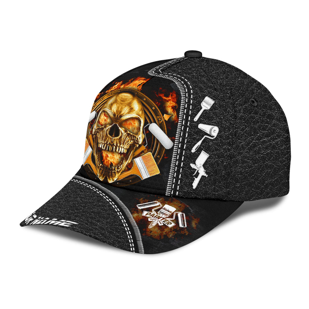 Personalized Name Painter Classic Cap Fire Skull Black Skull Cap Hat For Men Women CO0674