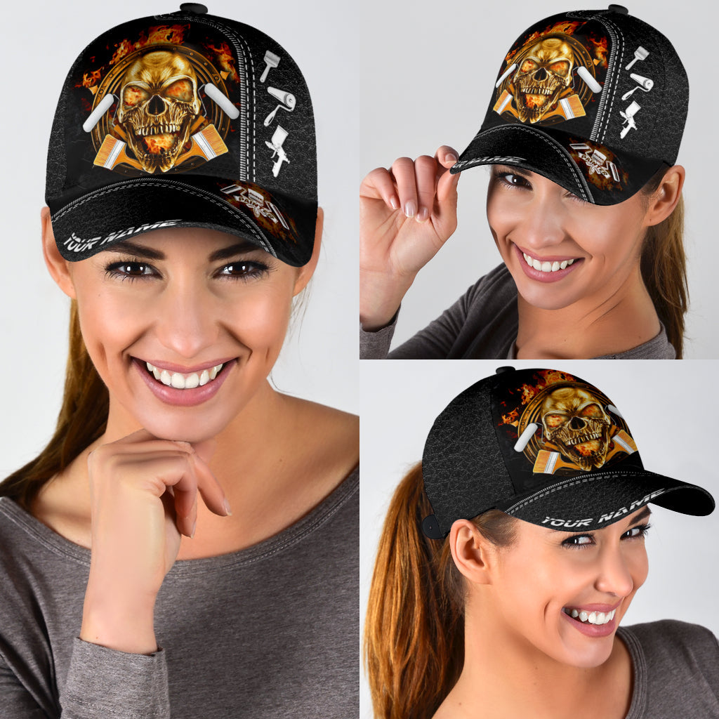 Personalized Name Painter Classic Cap Fire Skull Black Skull Cap Hat For Men Women CO0674