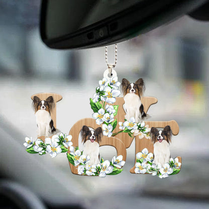 Papillion Love Flowers Dog Lover Car Hanging Ornament Vehicle Decoration OO0891