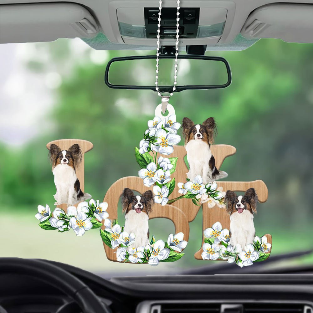 Papillion Love Flowers Dog Lover Car Hanging Ornament Vehicle Decoration OO0891