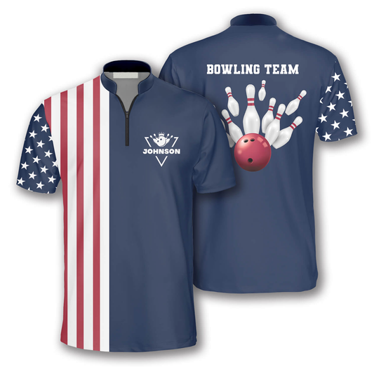 Patriotic American Flag Navy Custom Bowling Jerseys for Men, Best Shirt for Bowler, Flag Bowling Shirt SO0546