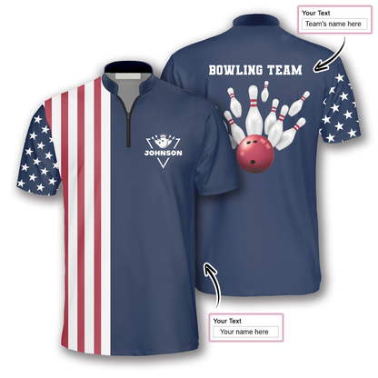 Patriotic American Flag Navy Custom Bowling Jerseys for Men, Best Shirt for Bowler, Flag Bowling Shirt SO0546