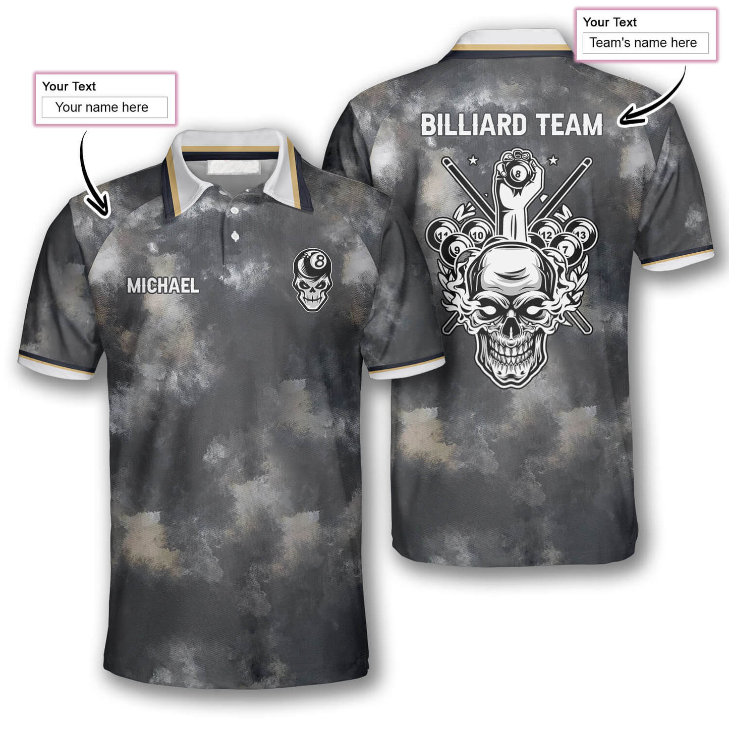 Faded Skull Custom Billiard Shirts for Men, Custom Billiard Shirts for Team, Billiard Polo Shirts SO0805