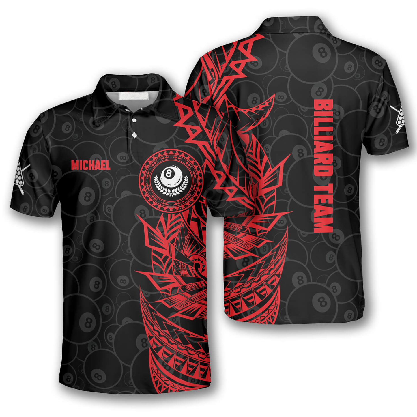 3D All Over Print Red Black Tribal Custom Billiard Polo Shirts for Men, Billiard Team Uniform SO0543