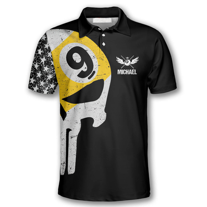 Billiard 9 Ball Skull American Flag Pattern Custom Billiard Polo Shirts for Men, Billiard Shirt Team SO0518