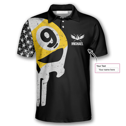 Billiard 9 Ball Skull American Flag Pattern Custom Billiard Polo Shirts for Men, Billiard Shirt Team SO0518