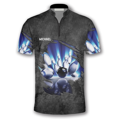 Blue Pins Grey Grunge Pattern Custom Bowling Jerseys for Men, Personalized Bowling 3D Shirt SO1369