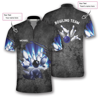 Blue Pins Grey Grunge Pattern Custom Bowling Jerseys for Men, Personalized Bowling 3D Shirt SO1369