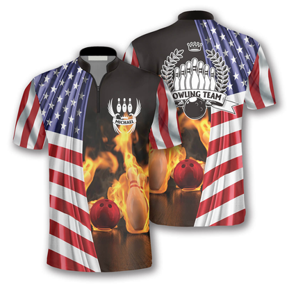 On Fire US Flag Custom Bowling Jerseys for Men, Flag American Bowling Shirt, Flag Shirt SO0881