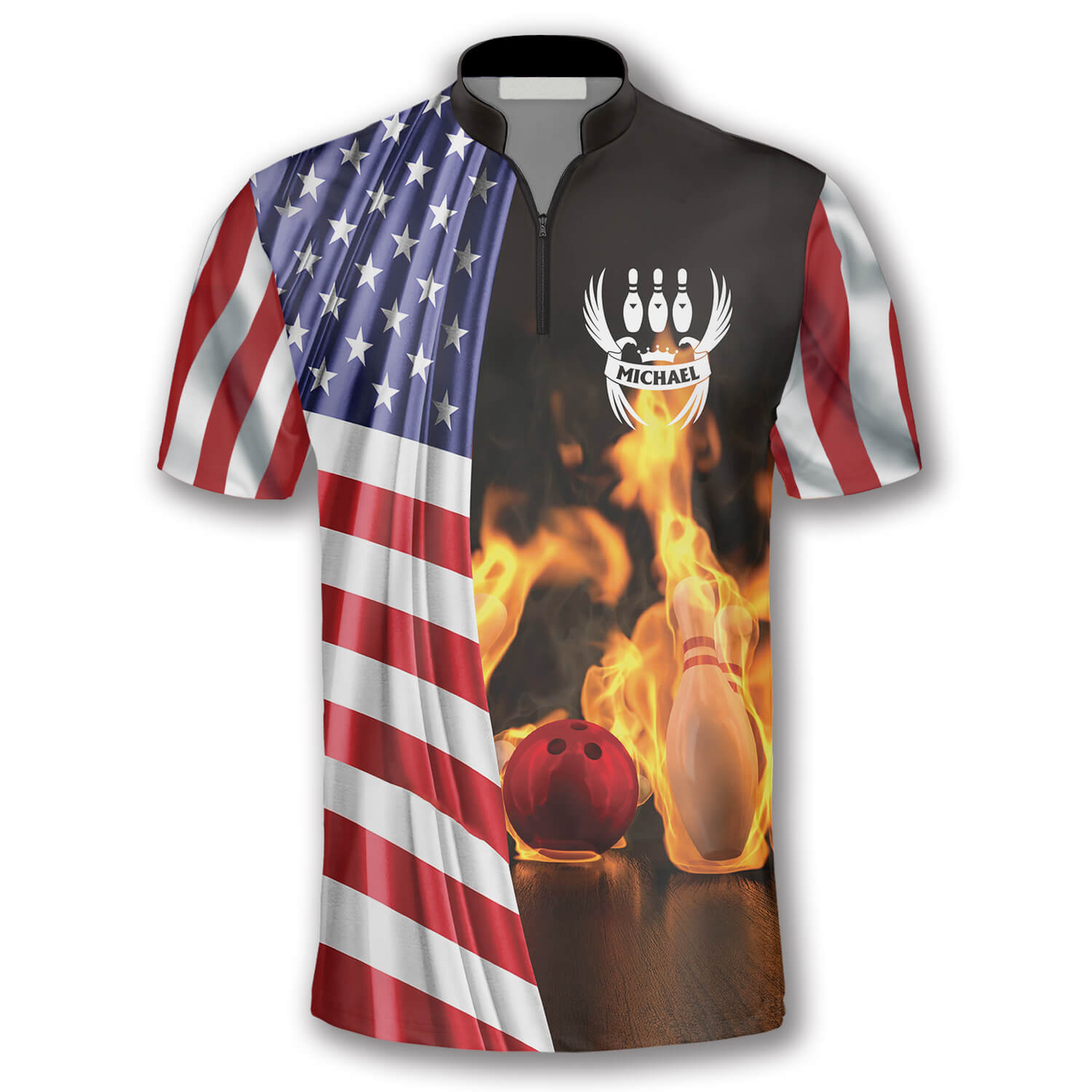 On Fire US Flag Custom Bowling Jerseys for Men, Flag American Bowling Shirt, Flag Shirt SO0881