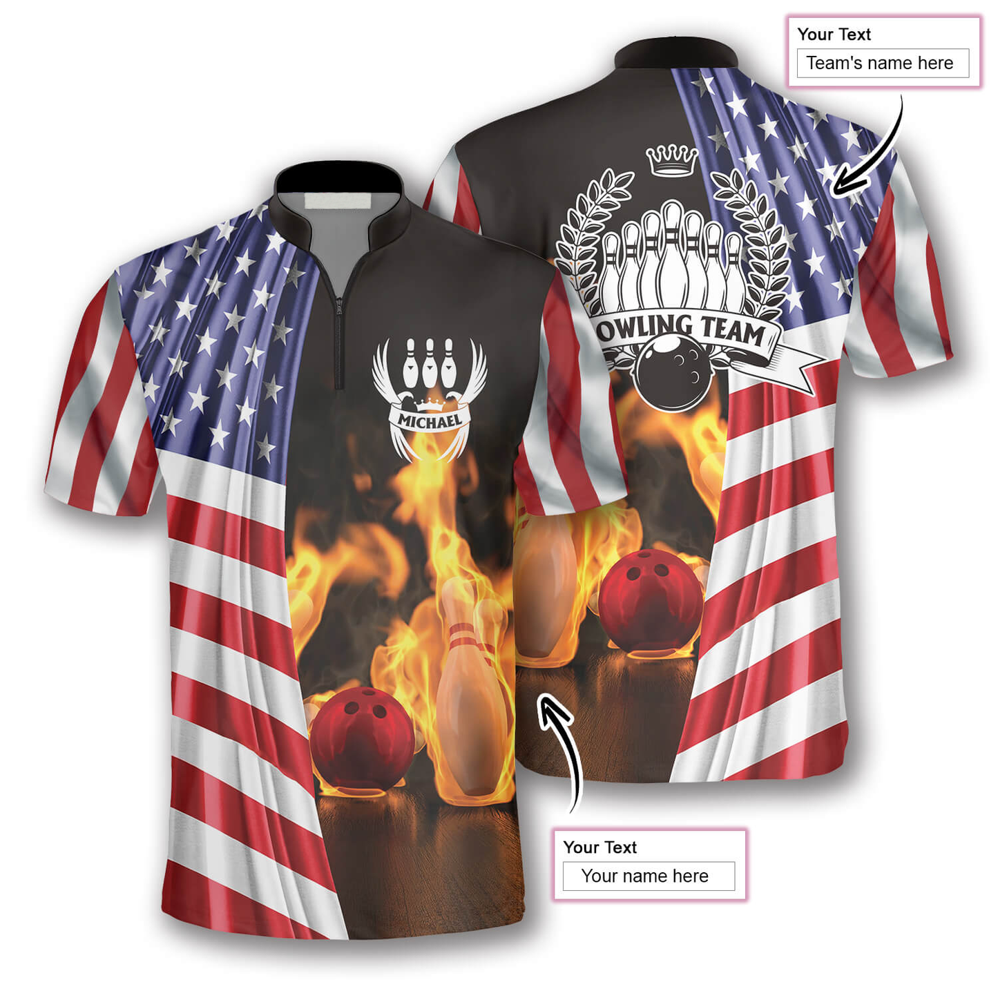 On Fire US Flag Custom Bowling Jerseys for Men, Flag American Bowling Shirt, Flag Shirt SO0881