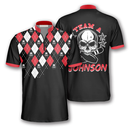 Skull Red Argyle Pattern Custom Bowling Jerseys for Men, Perfect Gift for Bowler, Skull Bowling Shirt SO0750