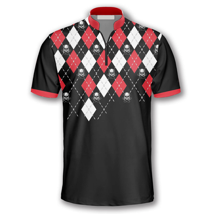 Skull Red Argyle Pattern Custom Bowling Jerseys for Men, Perfect Gift for Bowler, Skull Bowling Shirt SO0750