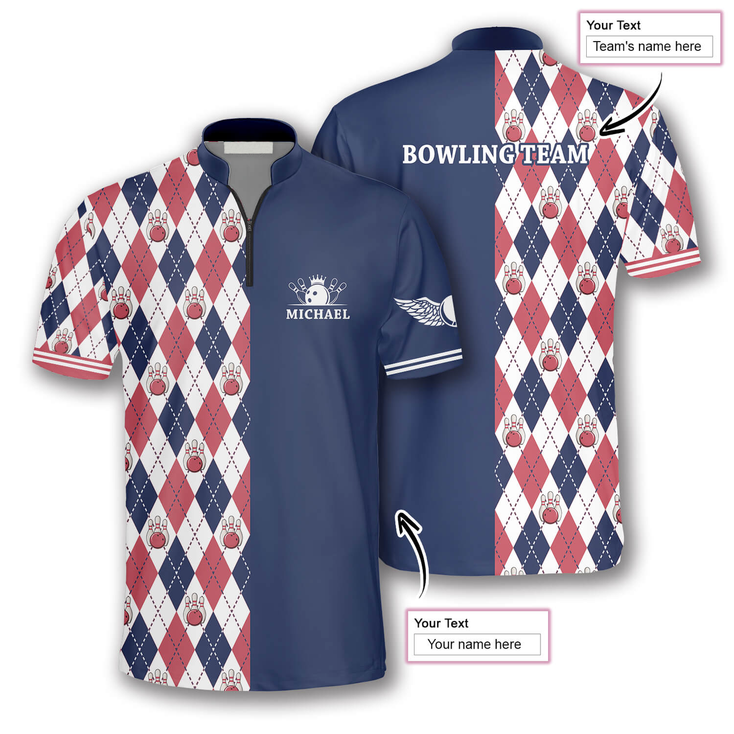 Rhombus Pattern Custom Bowling Jerseys for Men, Personalized 3D All Over Print Bowling Shirt SO0804