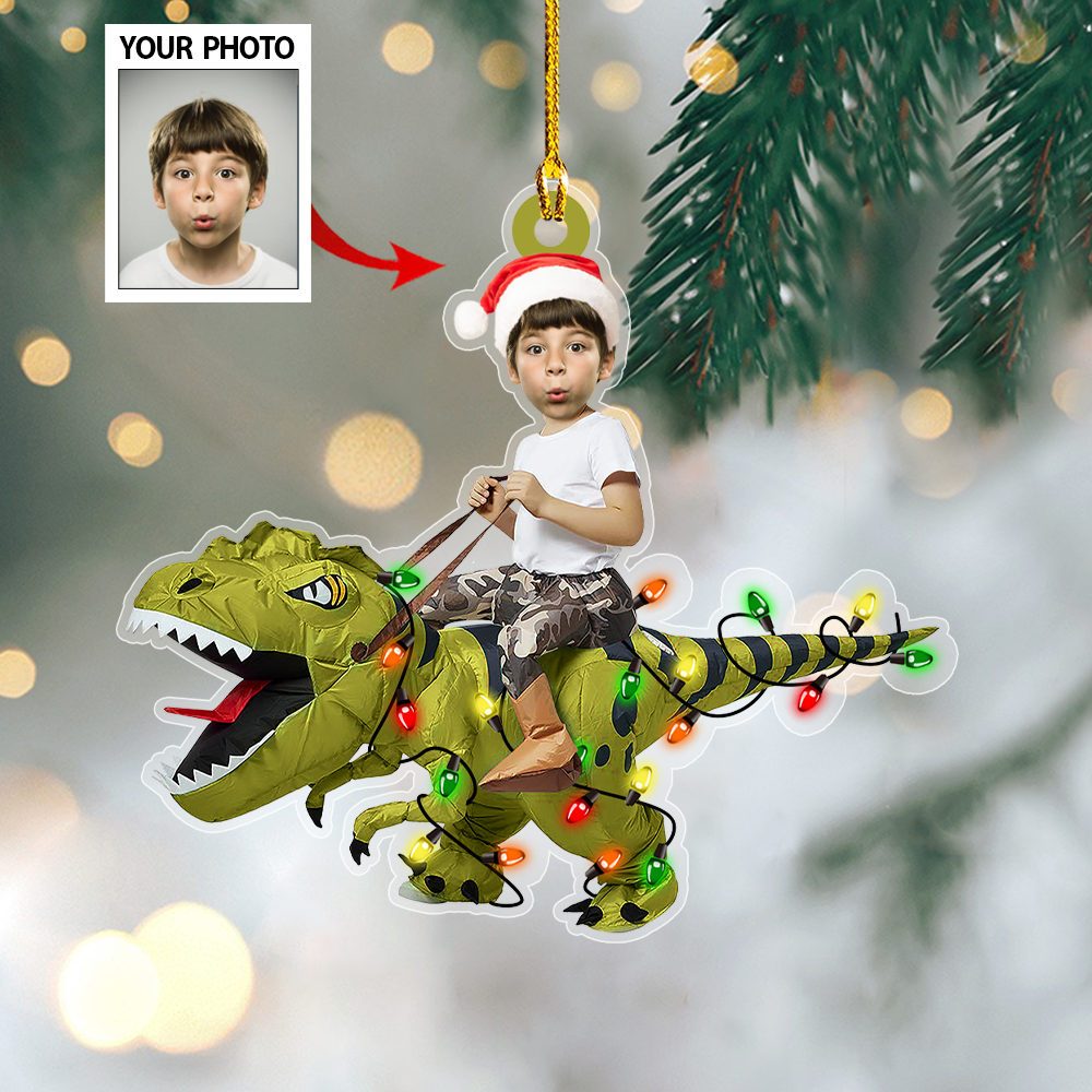 Personalized Photo Cute Kid Rides The Dinosaurus Christmas Light Ornament SO0945